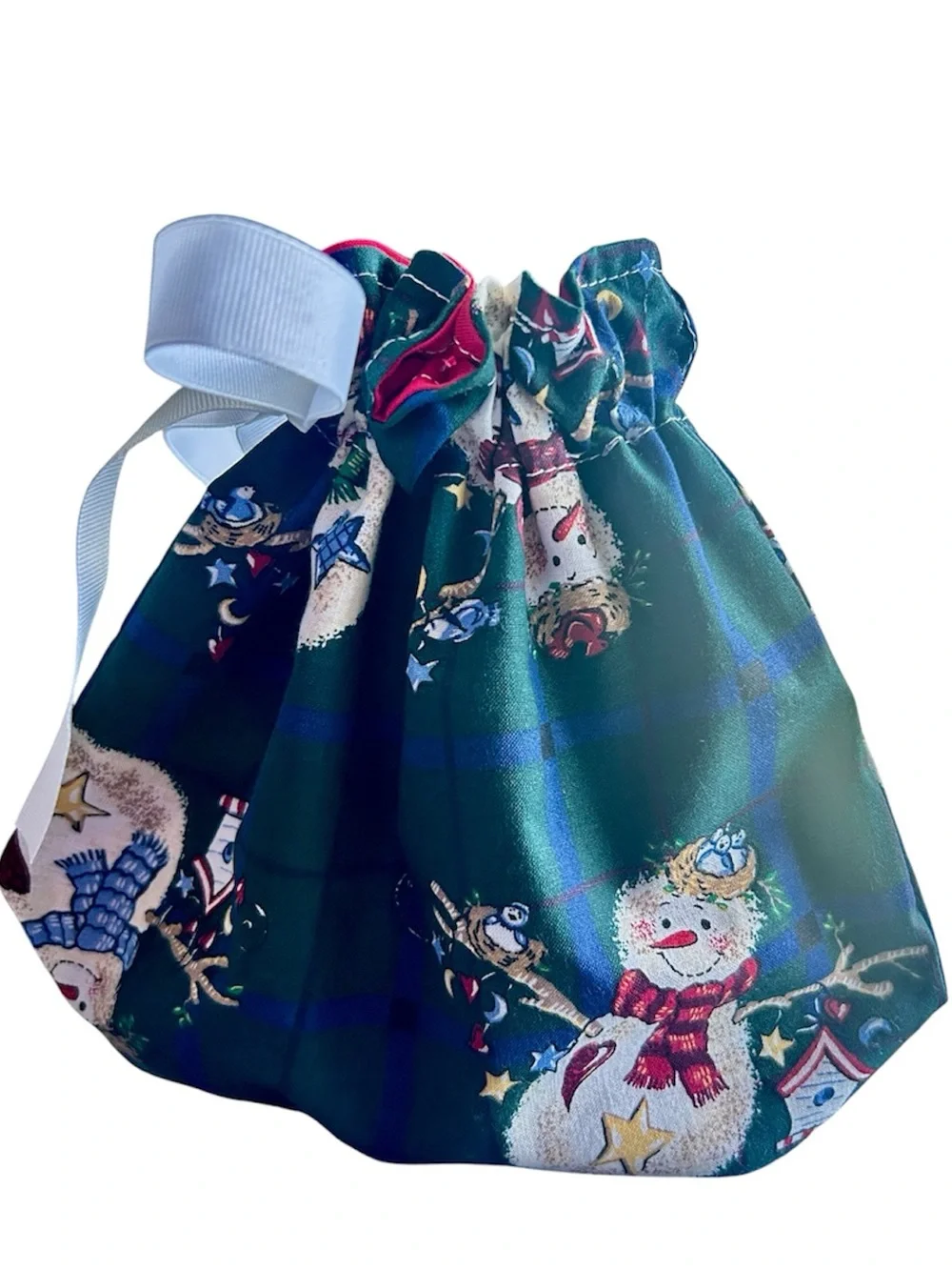 Hand Crafted Snowman Drawstring Gift Bag with White Ribbon Eco Friendly Reusable